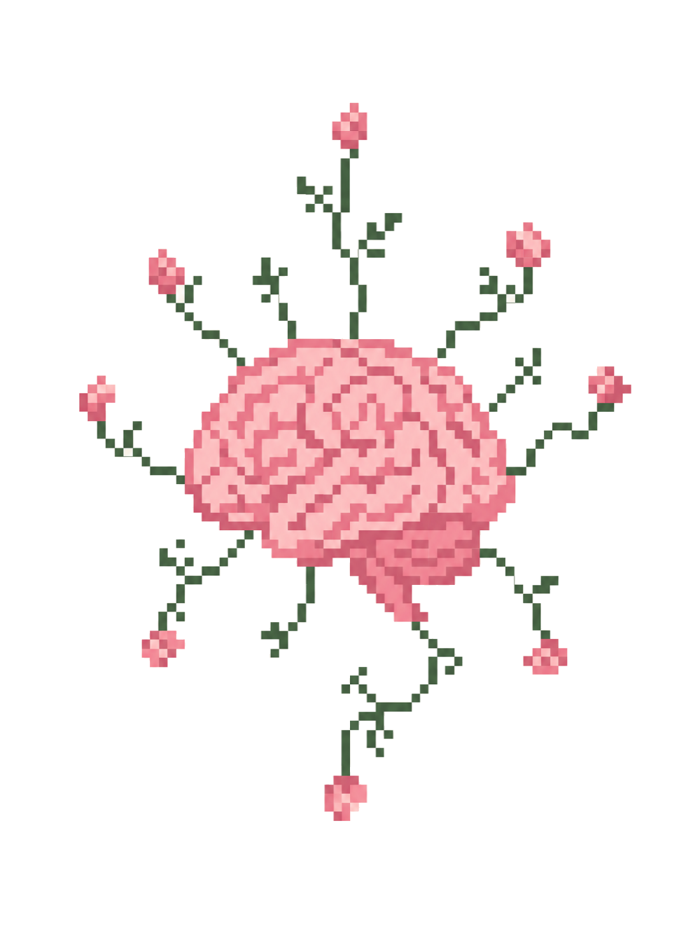 Pixel art brain with green synapse stems
